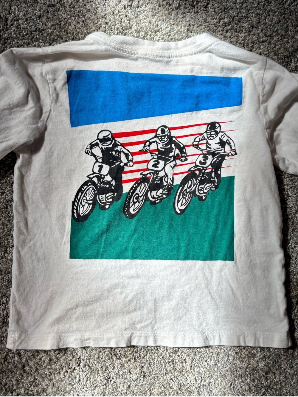 Hanna Andersson White Tee with Blue, Green & Red Moto Racers